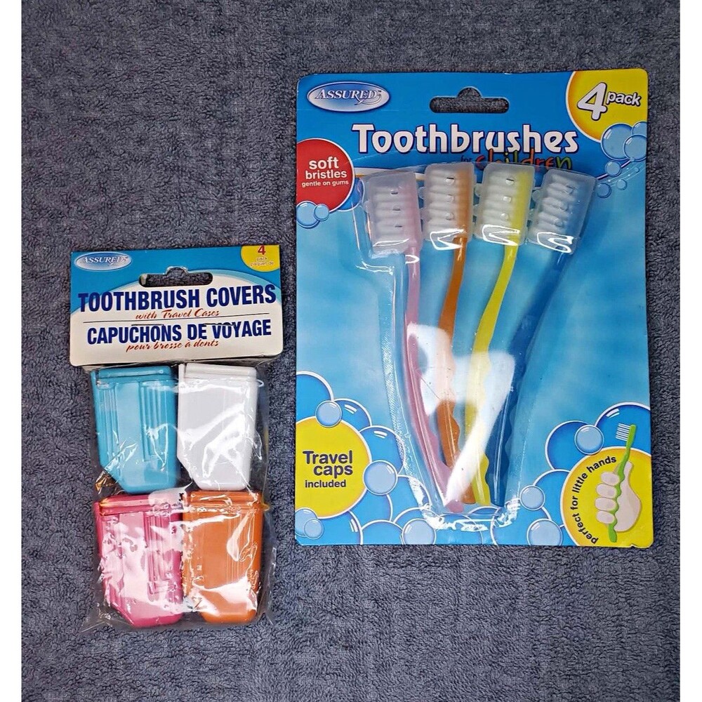 Assured Kids Regular Toothbrush 4 Pack Soft Nylon Bristles Travel Caps, 2013